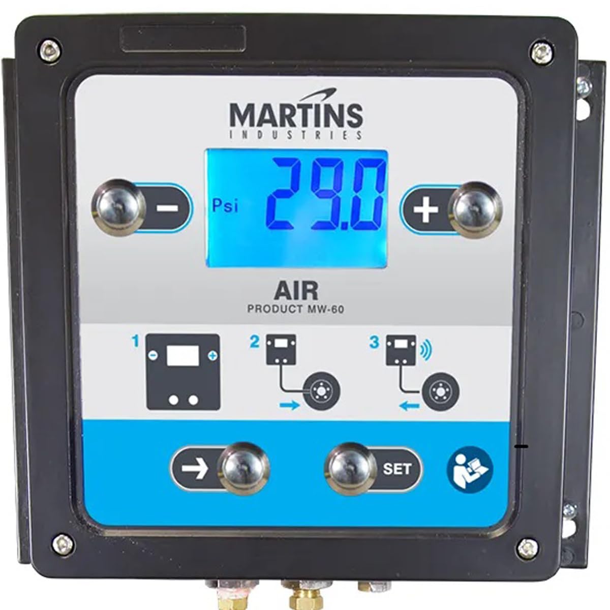 Martins Automatic Tire Inflator Deflator MW-60, 145 psi, Wall-Mounted Unit with 25’ Air Hose, Overpressure System (OPS), LCD Screen & Backlight
