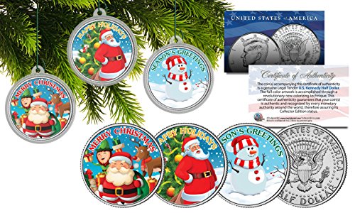 Merry Christmas Xmas Official JFK Kennedy Half Dollar 3-Coin Set with Tree Ornaments Holders - Snowman & Santa