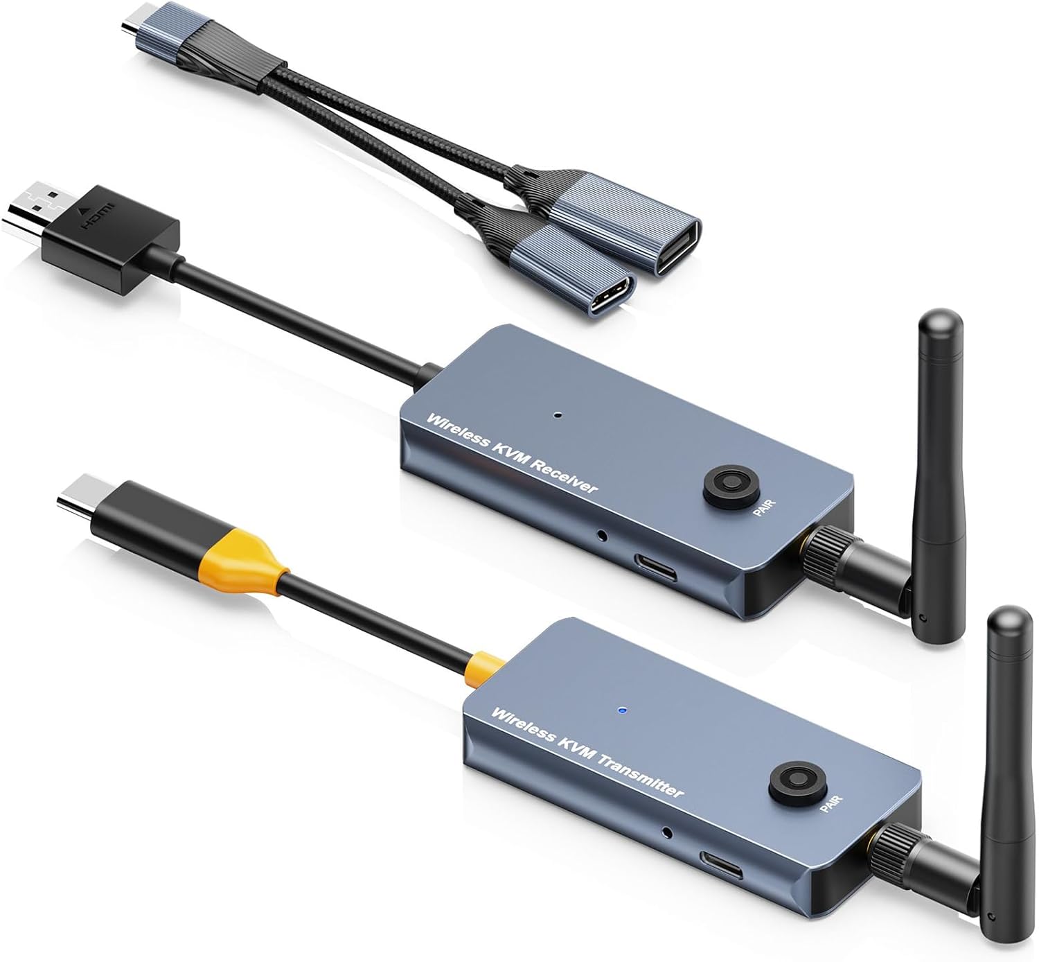 650Ft/200M Wireless USB-C to HDMI KVM Transmitter and Receiver Kit 1080P@60Hz Wireless KVM Long-Range USB Extender Support Screen Streaming & Keyboard/Mouse Signal Extension, PD100W Fast Charging