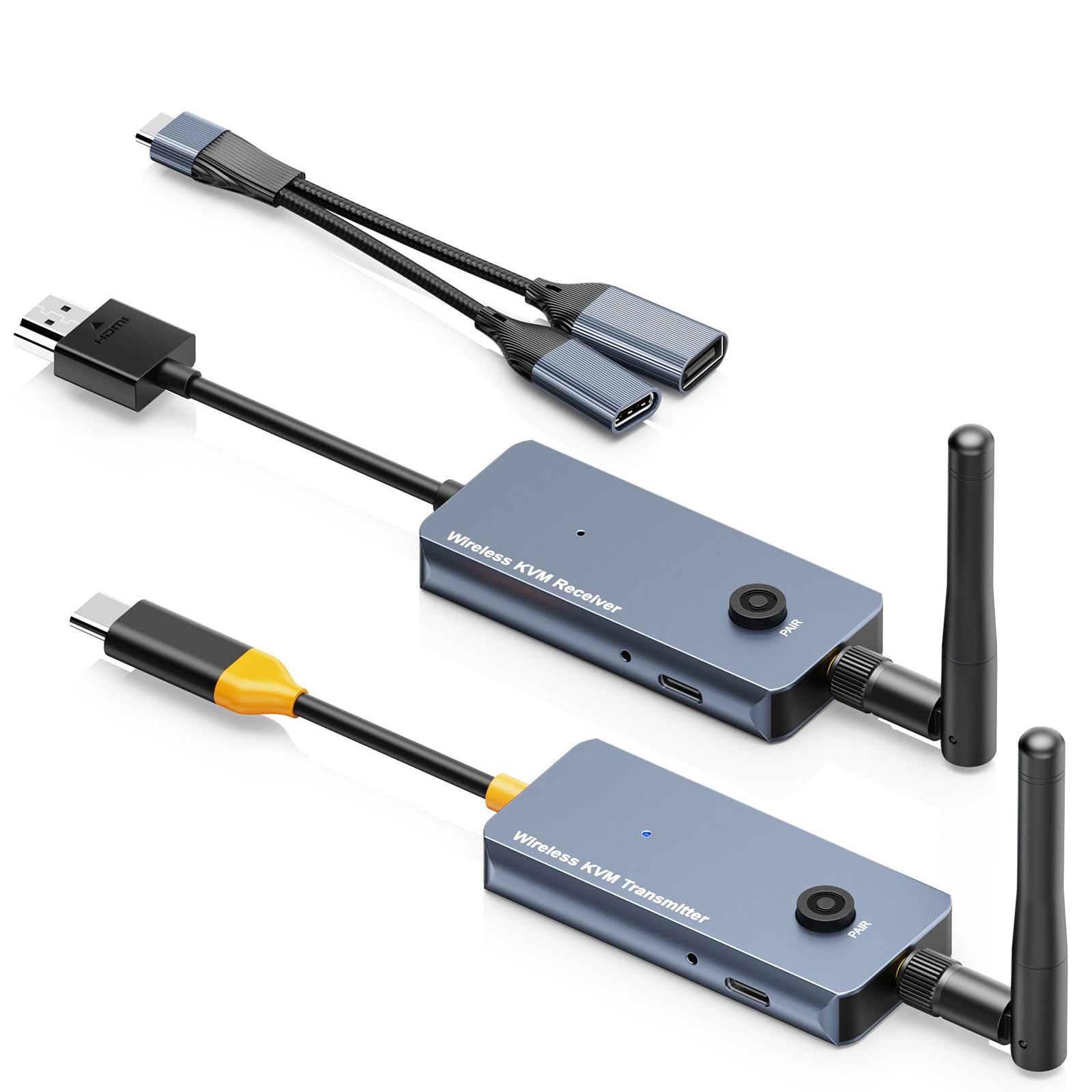 Bezprzewodowy nadajnik i odbiornik KVM USB-C na HDMI 200 m, 1080P przy 60 Hz, bezprzewodowy przedłużacz USB KVM dalekiego zasięgu, obsługa ekranu i rozszerzenie sygnału klawiatury/myszy, szybkie