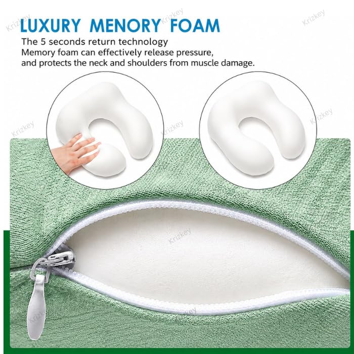 Image of Memory Foam Travel Neck Pillow with Portable Storage Case | Soft U-Shaped Neck Support Cushion for Airplane, Car, Train & Office | Lightweight Ergonomic Travel Pillow (Green)