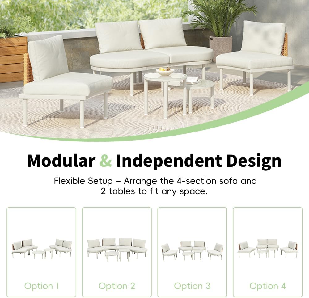 8-Piece Patio Sofa Furniture Set, with 2 High-Low Coffee Tables, PE Wicker Rattan,6 Pillows & Cushions, for Backyard, Garden, Poolside,Beige (Beige + PE Rattan+Iron+Waterproof Fabric + Foam)