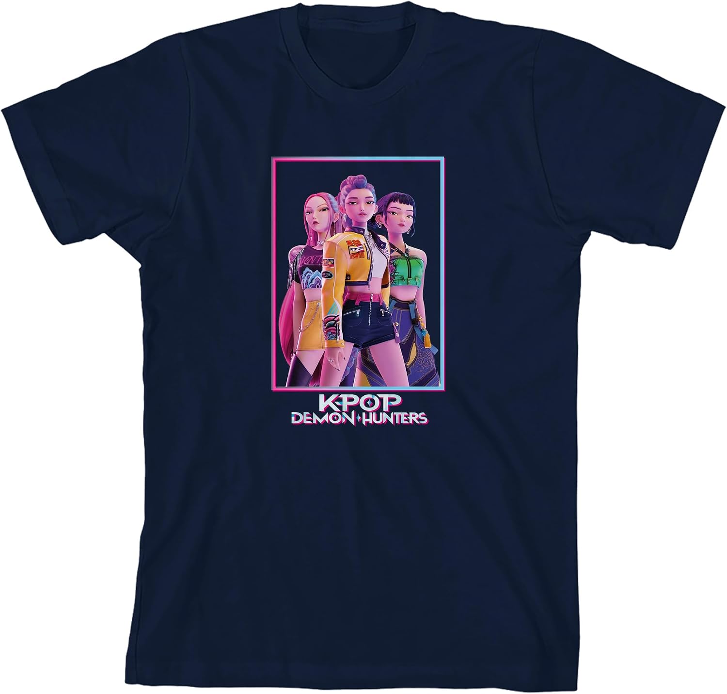 Kpop Demon Hunters Box Art Huntrix Youth Navy Crew Neck Short Sleeve T-Shirt-XL