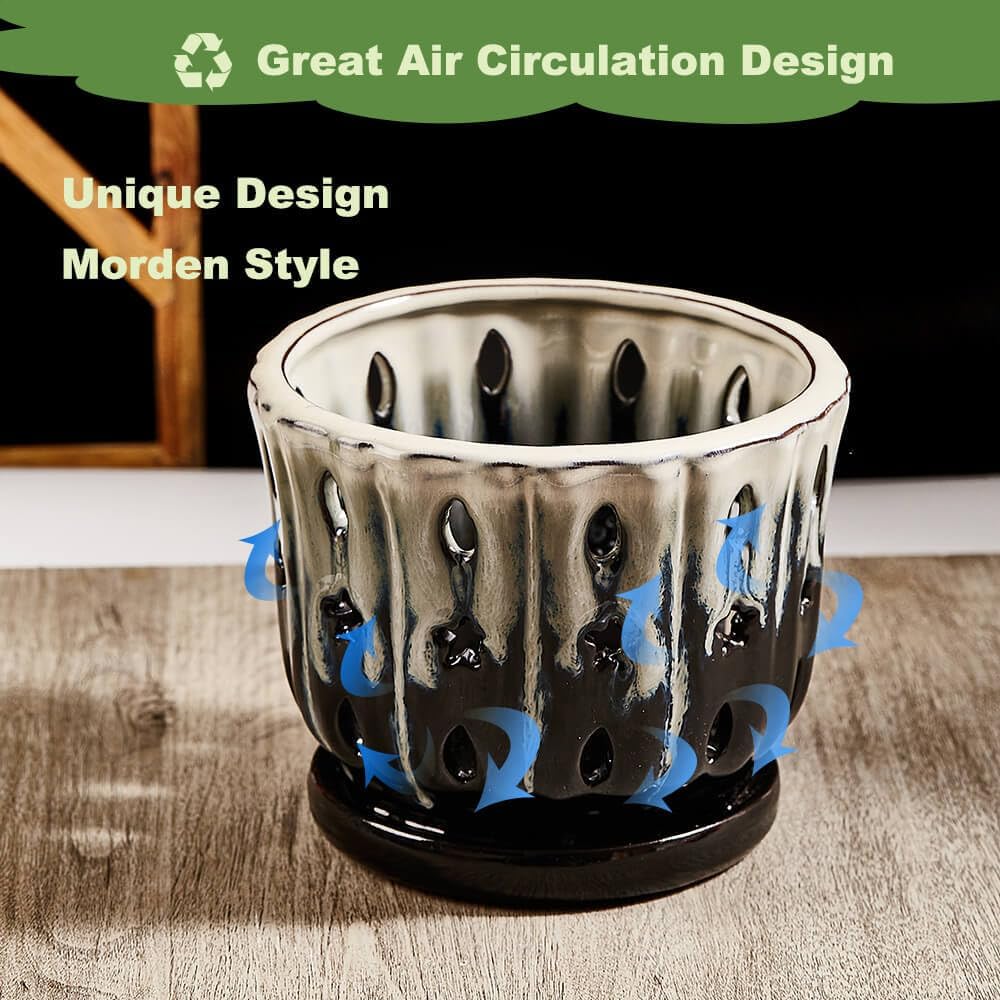 Orchid Pots with Holes Attached Saucers 6 Inches - 1 Pcs Small Ceramic Pots for Repotting, Decorative Ceramic Orchid Planter with Hole for Healthy Root Growth White Over Black