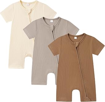 Bafeicao Baby Boy Girl 3 Pack Short Sleeve Rompers | 2 Way Zipper, Ribbed Cotton, Solid, Soft, Unisex, Summer, One Piece Jumpsuits Clothes