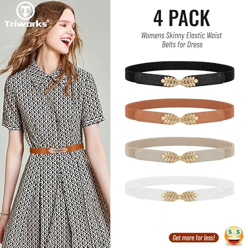 4 Pack Women Skinny Elastic Belt Ladies Fashion Stretchy Thin Waist Belt For Dresses Black/White/Brown/Beige #TOP1