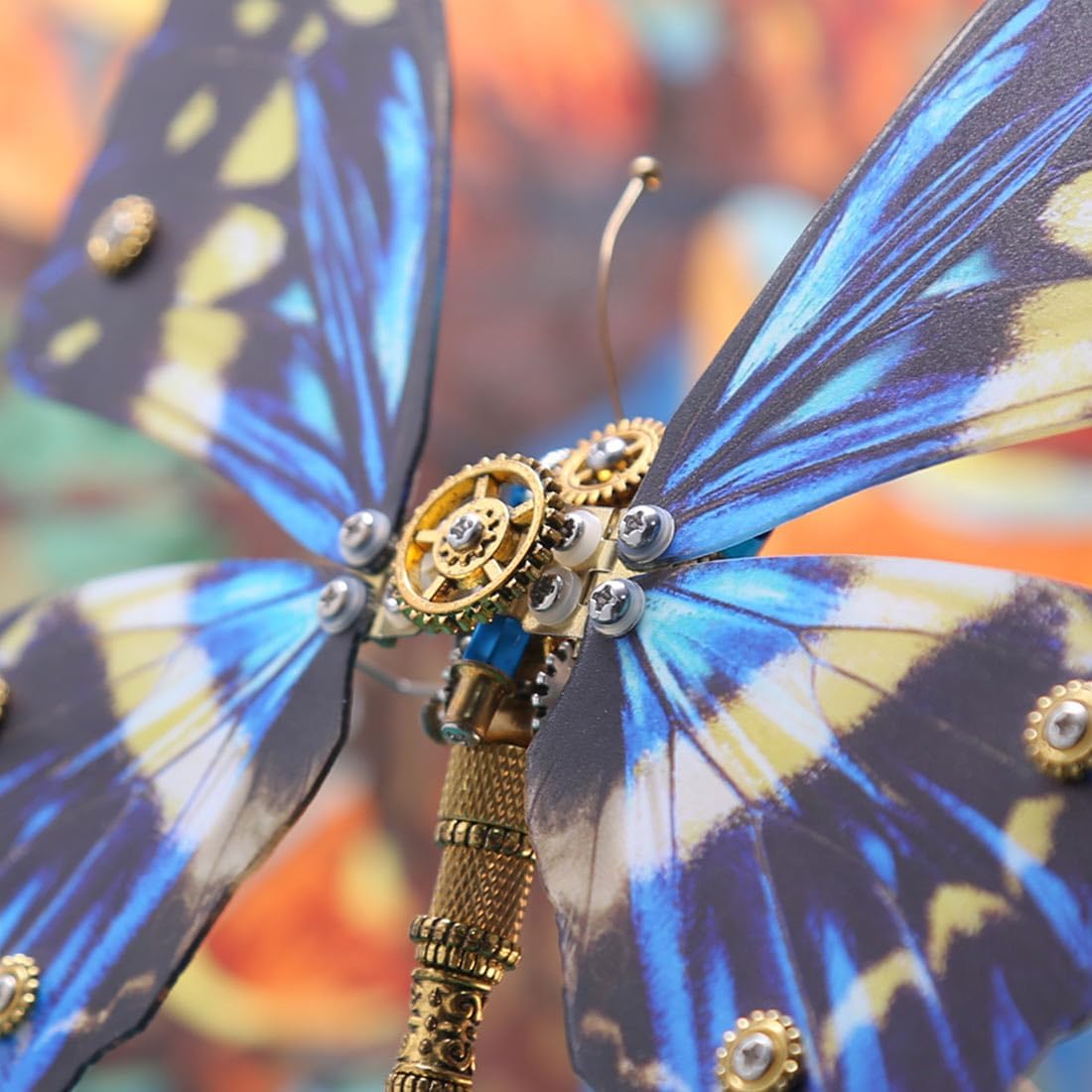 3D Metal Puzzle Mechanical Butterfly Insect Bug Model with Music Box, Steampunk Home Office Desk Decor, Collectible DIY Hand Craft Kit for Adults - 300+PCS Blue
