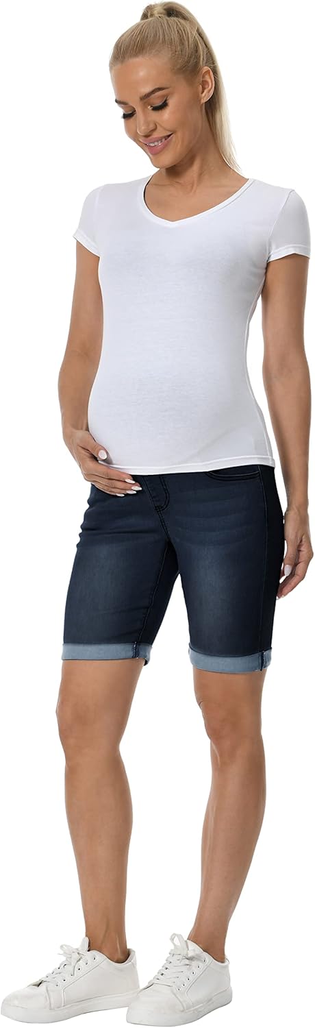 V VOCNI Maternity Denim Shorts Over The Belly Rolled Cuff Midrise Bermuda Short Pregnancy Jean Shorts - Image 6