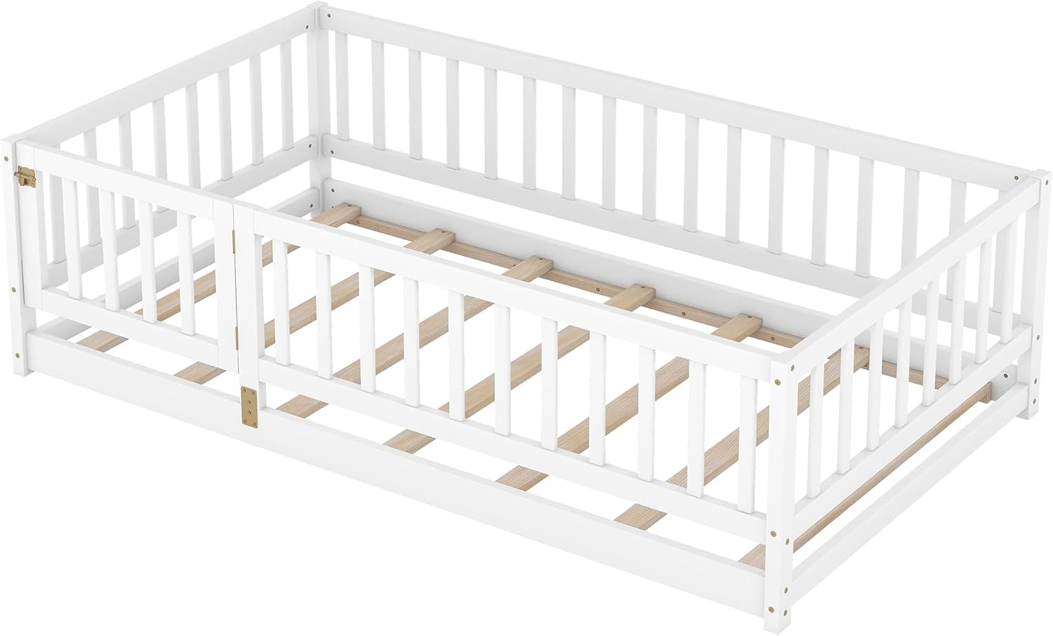 SOFTSEA Twin Floor Bed Frame with Slats and Safety Guardrail, Floor Bed Twin with Door for Boys Girls, No Box Spring Needed, White