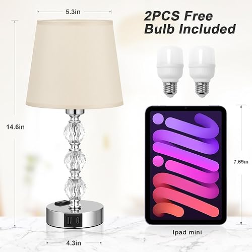 Vista 3 de Acaxin Juego de 2 lámparas de mesa de cristal para dormitoriosala de estar, 14.6 pulgadas (beige)