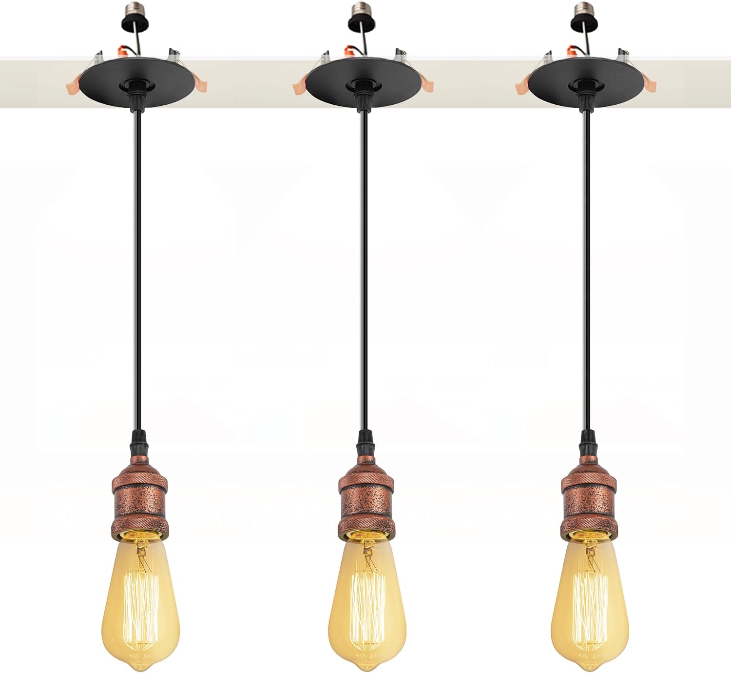 Kiven Can Lights Retrofit Recessed Lighting with E26 Power Outlet Adapter, 4/5 Inch Replacement Conversion Kit, Farmhouse Pendant Lighting for Kitchen Living Room Hallway,3 Lights,Black