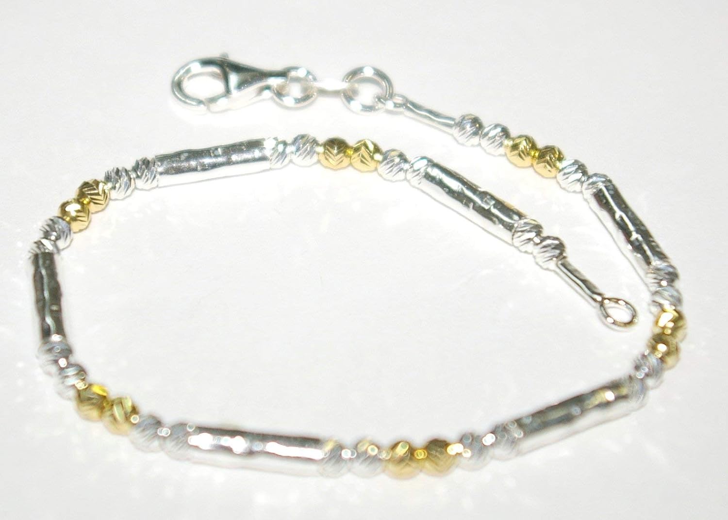 Sterling Silver 925 3mm Laser Cut Beads and Hammered Tubes Two Tone Anklet - Handmade to your size