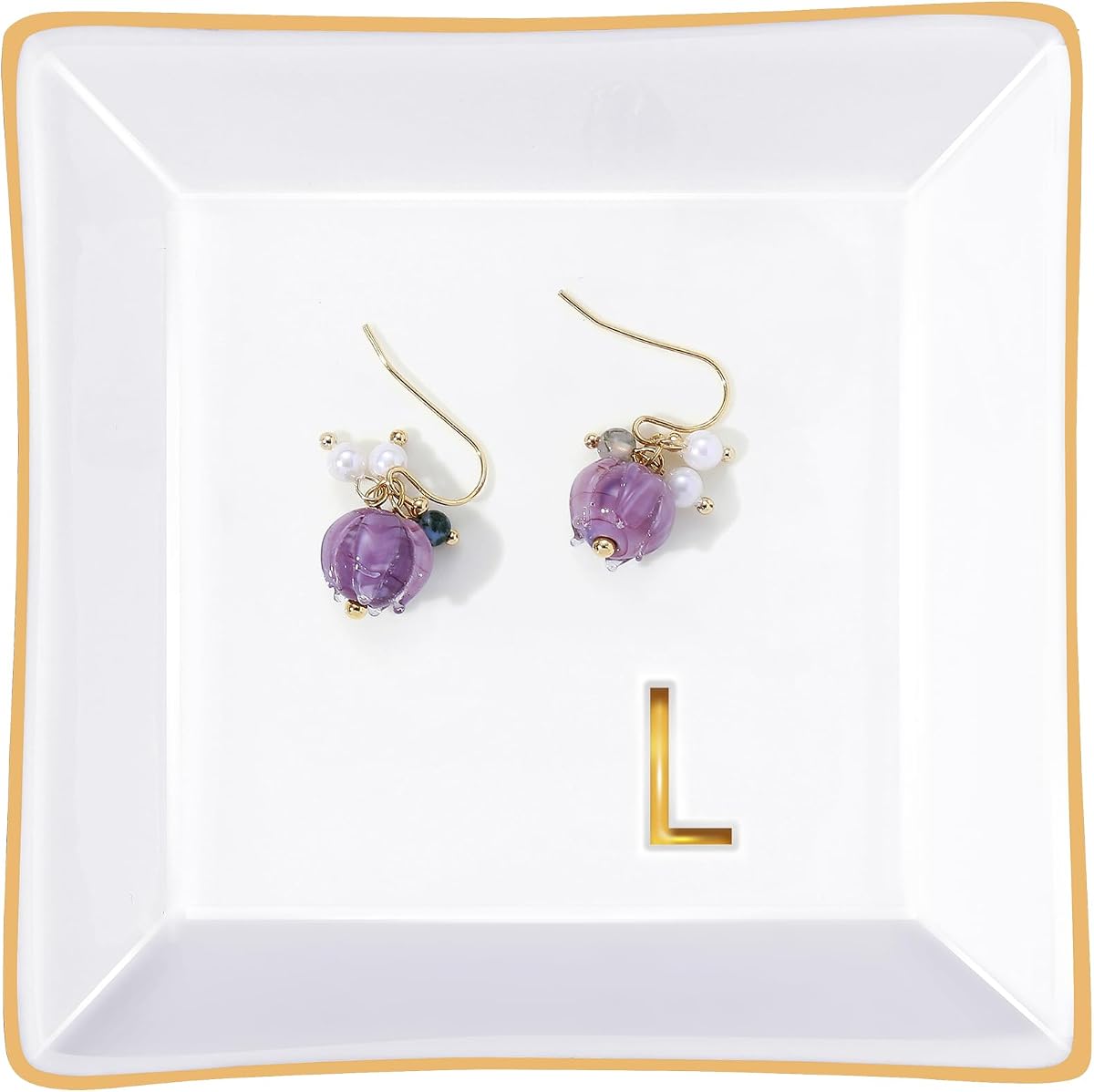 Bandeja de joyería con letra de monograma, plato de anillo con inicial L, regalo personal para mejor amigo | Regalo personalizado para damas de honor, mejores amigas, hermanas, maestras, mamá en cumpleaños, Navidad, bodas, graduación