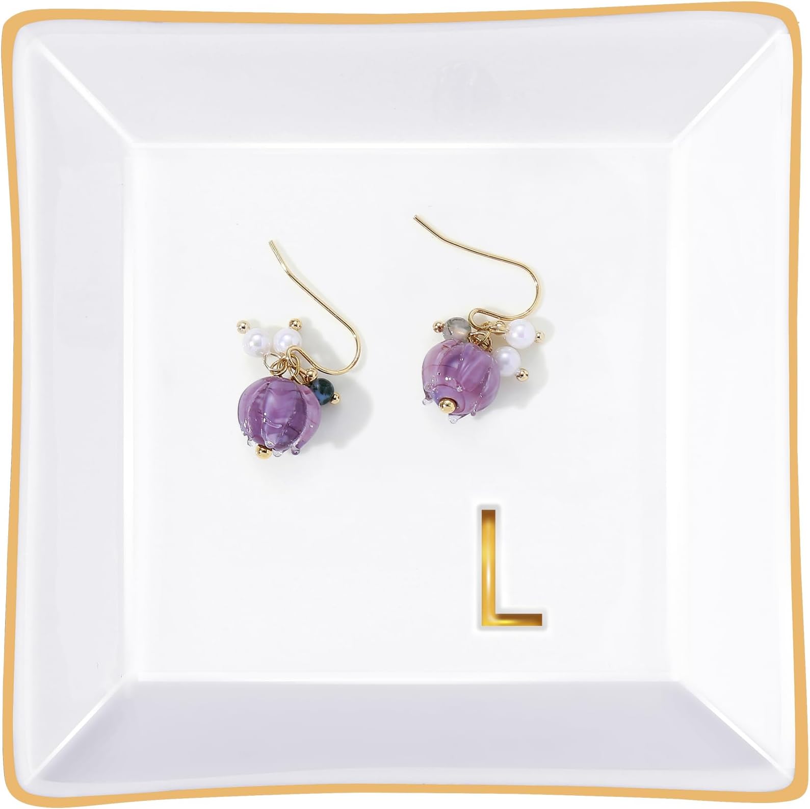 PUDDING CABIN Initial Ring Holder Jewelry Tray, Personalized L-Monogrammed Engagement Wedding Gifts for Bridesmaid, Bride, Birthday Christmas Gifts for Women, Mom, Friends, Sisters, Ceramic White