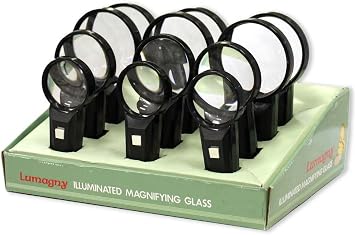 12 Pc Illuminated Magnifier Set | Black Frame | Variety Lens Sizes Set | LED Light | Elegant Counter-top Display Box