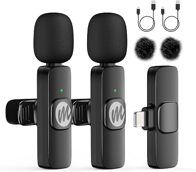 Moman Wireless Lavalier Microphone for iPhone, 2 Pack Clip on Microphones for Video Recording, Mini Phone Mic for Interview YouTube Tiktok