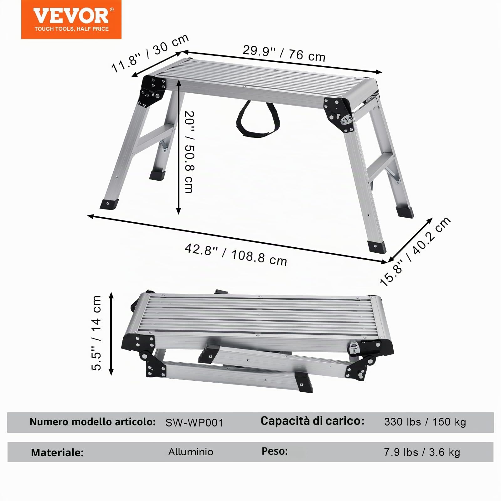 VEVOR Piattaforma da Lavoro in Alluminio Pieghevole Portatile Carico Max. 150 kg Uso Interno Esterno,Sgabello da Lavoro Basso in Alluminio Pieghevole 50,8 x 76 x 30 cm, Argento