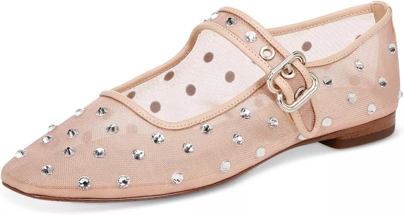 olomisa Rhinestones Ballet Flats for Women, Sparkly Mary Jane Flats Ballerina Square Toe Buckle Strap Shoes