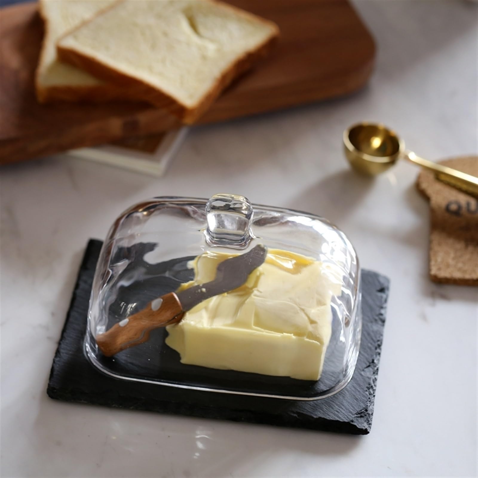 Burriere Coperchio in vetro trasparente Piatto for burro Piatto da dessert for formaggio Contenitore for frutta e verdura da cucina Contenitore for burro Piastra in lastra di roccia Contenitore per Bu