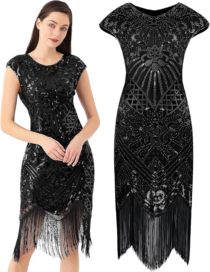 Image of 868A - Plus Size 1920s Vintage Fringed Gatsby Sequin Cold Shoulder Tassels Flapper Party Cocktail Dress with Accessories
