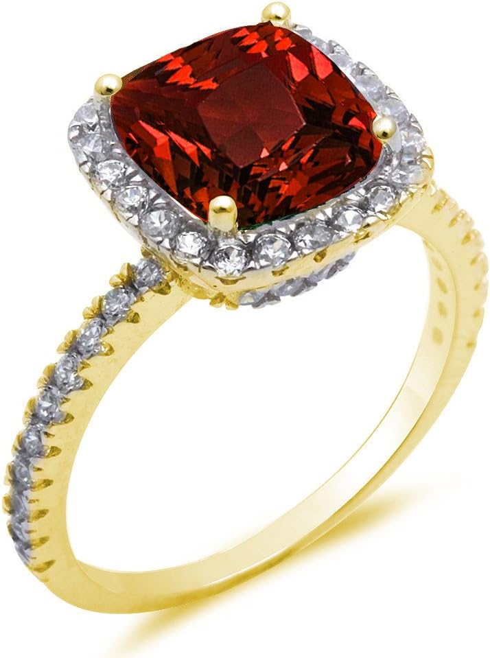 Blue Apple Co. Cushion Cut Simulated Red Garnet Halo Accent Engagement Ring 925 Sterling Silver Round CZ Choose Color