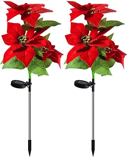 Paquete de 2 luces solares de Navidad para exteriores, luces solares de flor de pascua, luces LED de jardín con energía solar para exteriores, luz