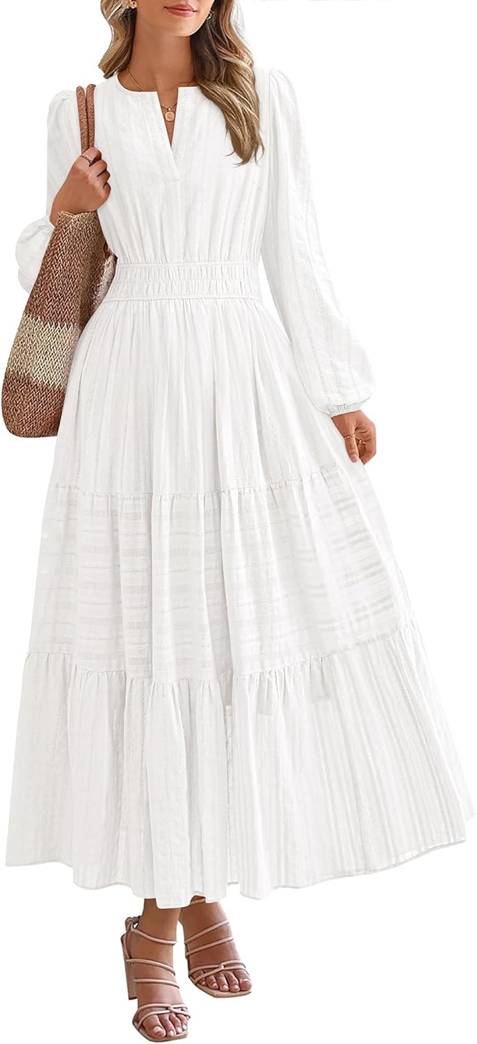 BTFBM Spring Dresses for Women 2026 Casual Long Sleeve V Neck Elastic Waist Lightweight Maxi Wedding Guest Dress Pockets