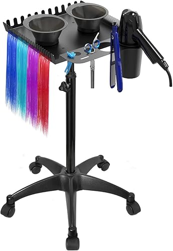 Bandeja rodante de salón con 2 cuencos magnéticos, carrito de herramientas profesional, bandeja de extensión de cabello para peluqueros, bandeja de
