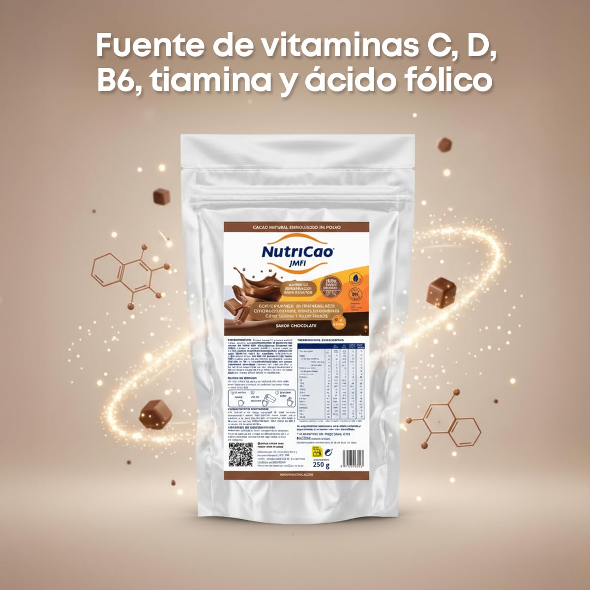 NutriCao JMFI | Cacao Natural Enriquecido en Polvo 250 g | Preparado para Adultos con Proteínas, Fibra y Vitaminas | Fácil de Preparar y con Sabor Chocolate para el Consumo Diario