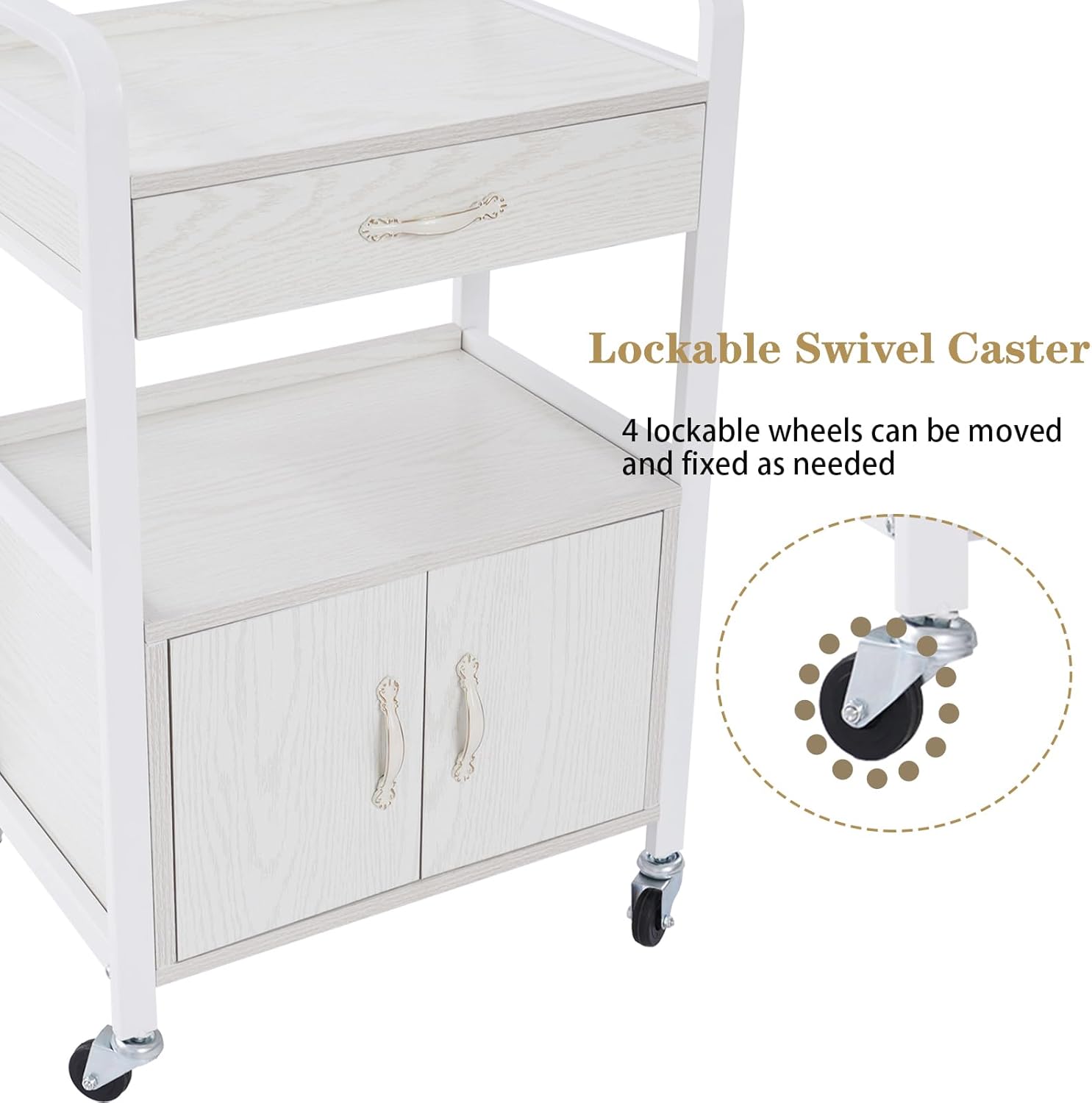 Beauty Salon Storage Trolley Cart | Spa Free Standing Storage Cabinet | Beauty Salon Storage Cabinet Side Table | With 4 Wheels | 1-Drawer | 1 Cabinet | 2 Shelving Boards (White)