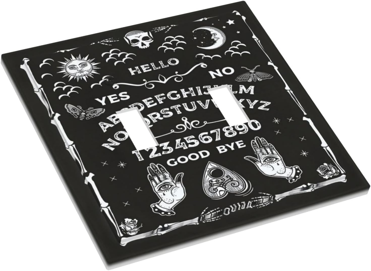 Black Witchy Skeleton Skull Gothic Sun Moon Double Toggle Novelty Light Switch Covers Decorative Unique 2 Gang Wall Plate Dual Electrical Faceplate Switchplate for Bathroom Living Room Decor image 3