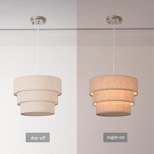 Miniatura 3 de Candelabro de tambor de lino de 3 niveles, lámpara colgante de techo moderna E26, lámpara colgante redonda ajustable para dormitorio, sala de estar,