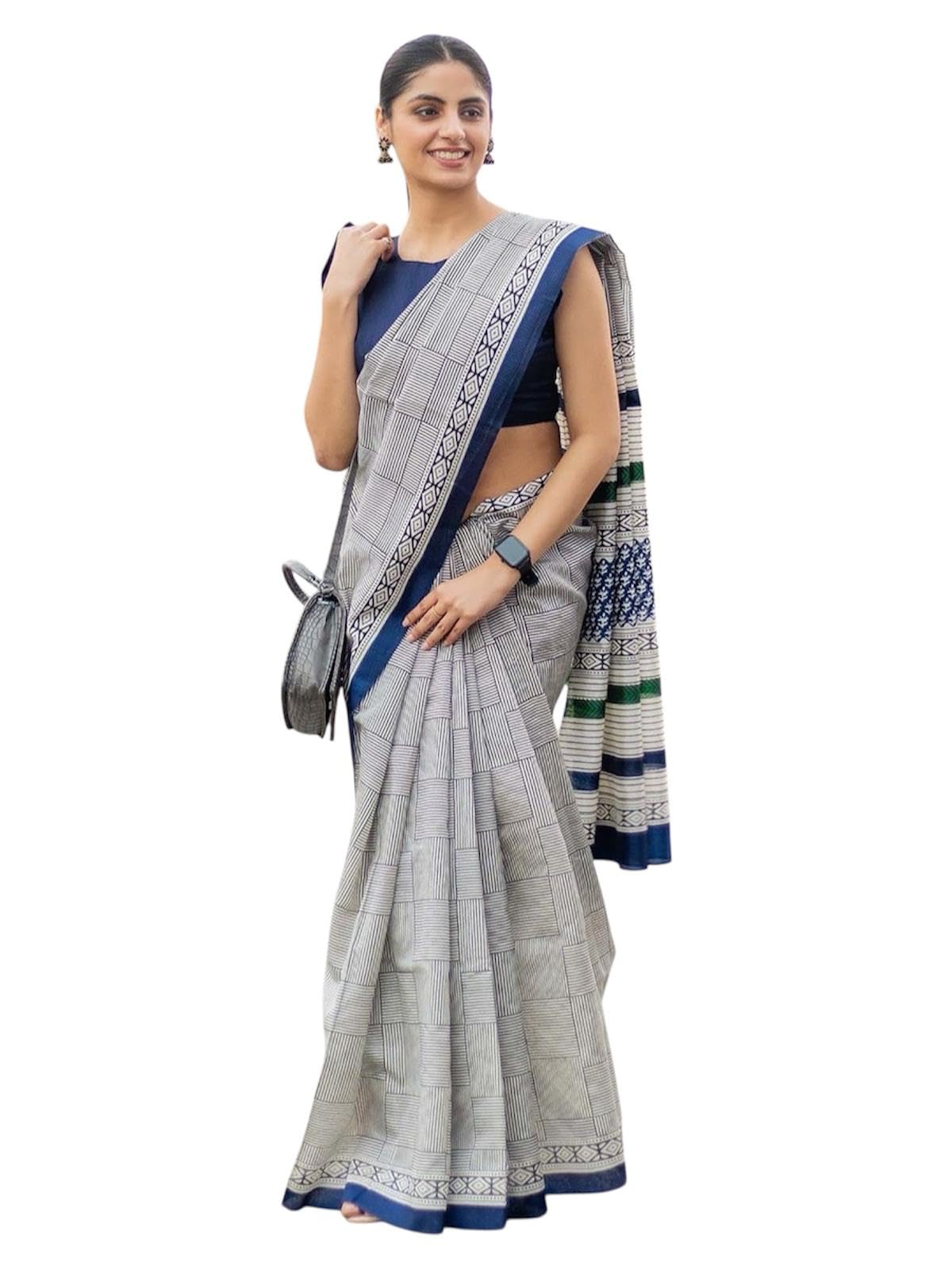 Handicradft Ikkat Mulmul Soft Pure Cotton Saree JAIPUR Hand Block Print office wear with Unstitched Blouse 126 OFFICE WEAR-picture-14