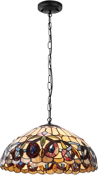 Pendant Light, 2-Light 16in Wide Stained Glass Chandelier Lamp with Adjustable Chain Vintage Ceiling Hanging Lighting Fixture for Dining Room Kitchen Island Bars