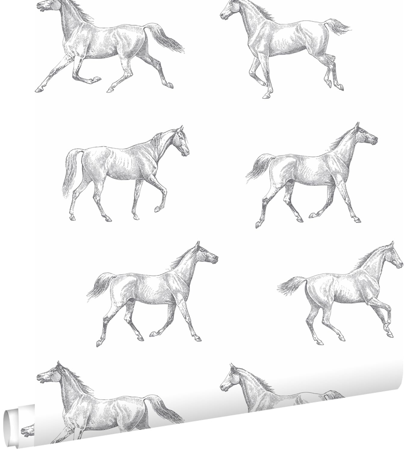 Esta Home papel pintado dibujo a pluma de caballos negro sobre blanco 53 cm x 10.05 m