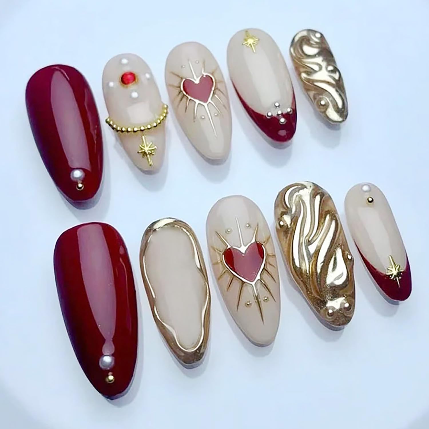 PODUOJIEYI 24Pcs Red French Tip Press On Nails Medium Almond Shape Acrylic False Nails with Pearl Star Rhinestones Charm Design 3D Gold Ripple Finish