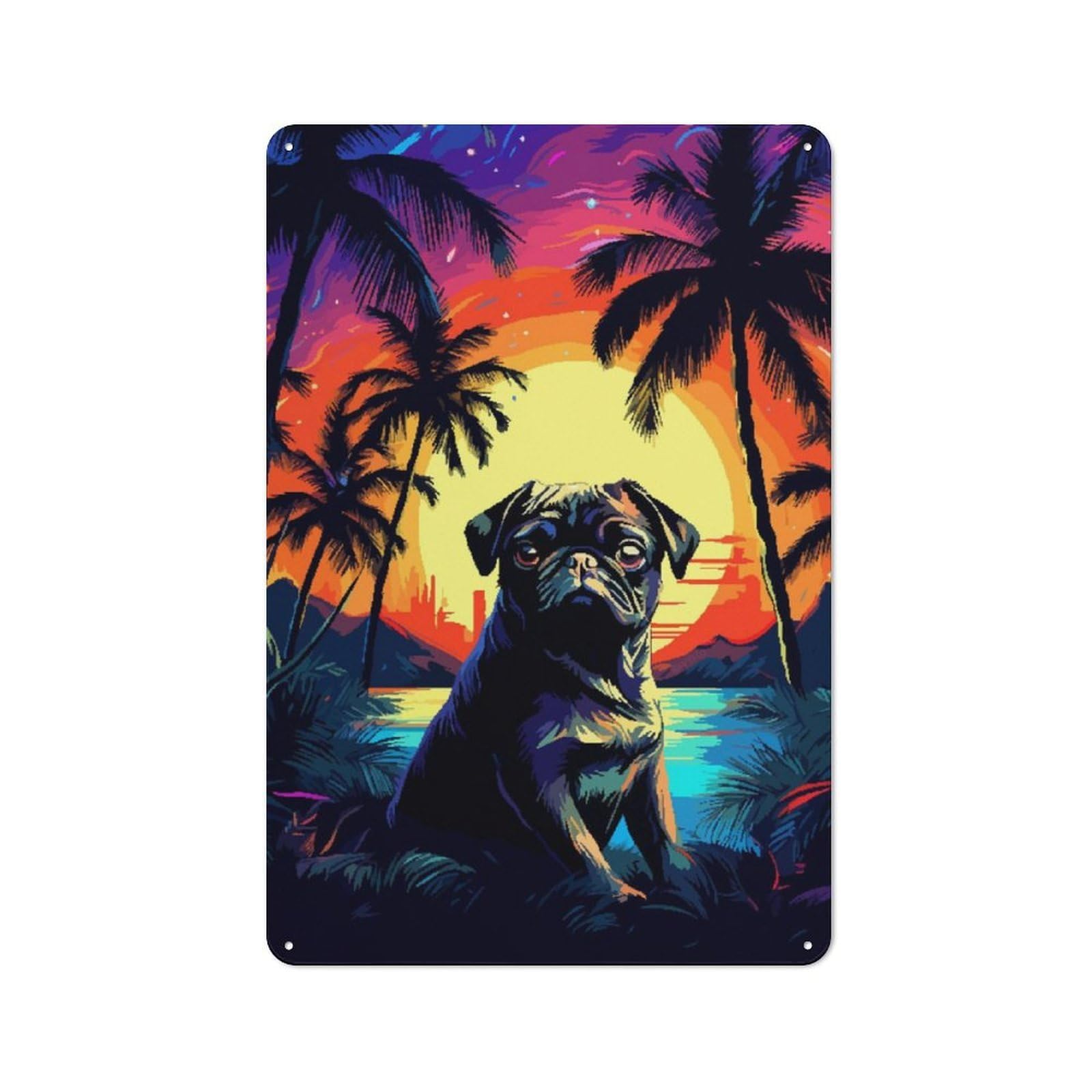 Junmoney Tropical Pug Pixel Art Vintage Tin Sign 30X20cm Featuring For Workshop Wall, Gift For Metal Sign Collectors During The Christmas Season