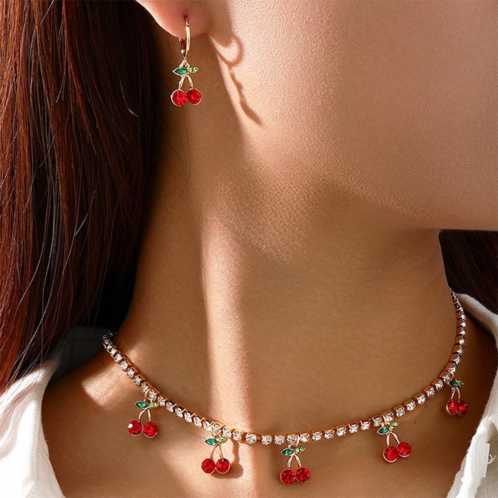 Cute Red Crystal Cherry Earrings Necklace Set for Women Personalized Creative Sweet Fruit Huggies Hoop Earring Pendant Choker Summer Tropical Fruit Green Leaf Unique Chic Charm Aesthetic Jewelry - Image 2