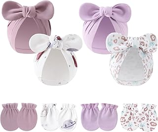 4 مجموعات من قبعات وقفازات للاطفال حديثي الولادة، قبعات صغيرة للرضع من القطن، قفازات مضادة للخدش للاولاد والبنات من عمر 0-1 سنة