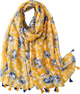 AssoetedFun Yellow Scarfs for Women Lightweight Blue Flowers Floral Print Scarf Shawl Fashion Gift Scarves Sunscreen Shawls for Spring Summer, 180 X100 cm