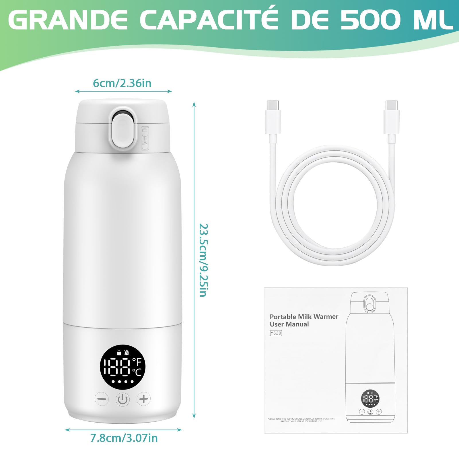 Chauffe Biberon Portable, 500ml Baby Chauffe Biberon Nomade Portable avec Chauffage Rapide et Contrôle Précis de la Température, pour Lait Maternel et Eau