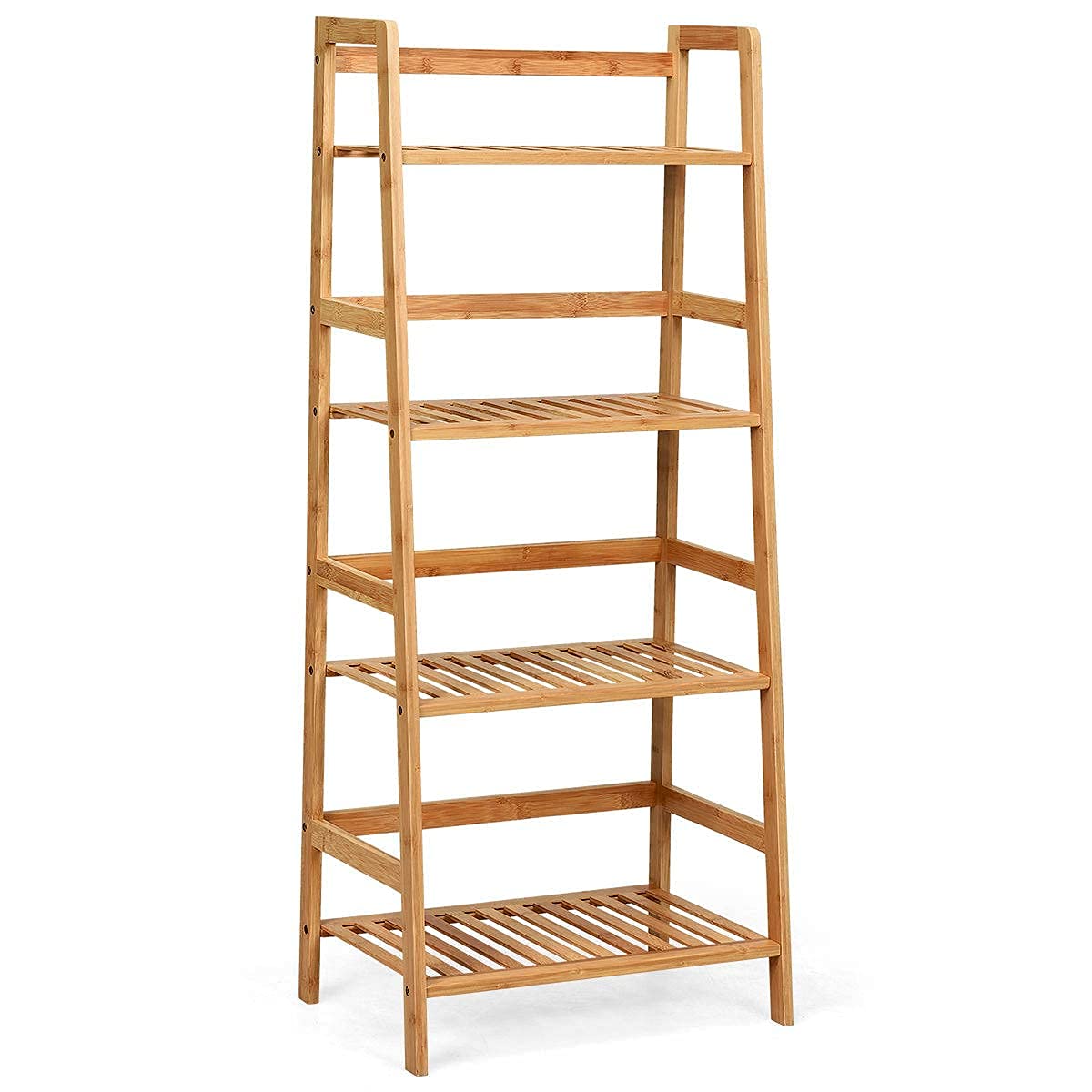 GIANTEX Leiterregal Bambus Standregal mit 4 Ablagen Blumenleiter Pflanzenregal freistehend Badregal Küchenregal Aufbewahrungsregal Blumenregal für Küche Badezimmer Balkon Büro (Natur)