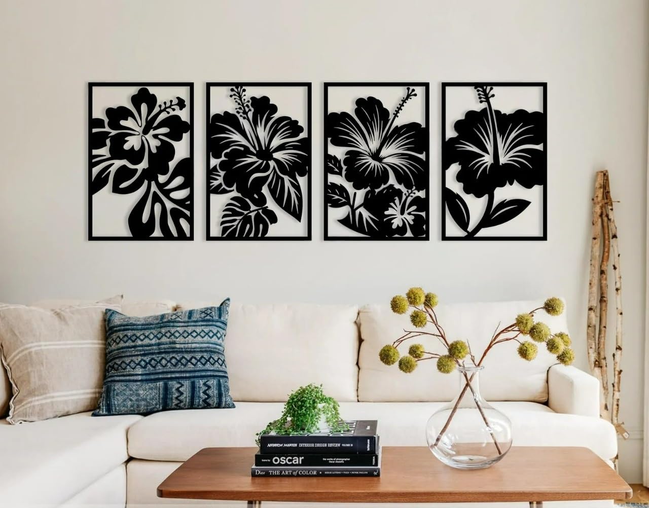 S2M CRAFTS Wooden Wall Art Set of 4 – Hibiscus Flower Laser Cut Panels | Modern Floral Wall Hanging for Living Room, Bedroom & Office | Black MDF Decorative Wall Hangings-image-43