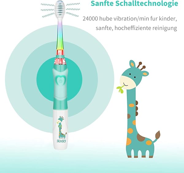 Seago Cepillo de Dientes Infantil Eléctrico Para Niños 3–12 Años Kids Con Luz de Colores,Temporizador Inteligente de 2 minutos,4 Cabezales Suaves SG-EK6/SG-977 (Verde) - 5