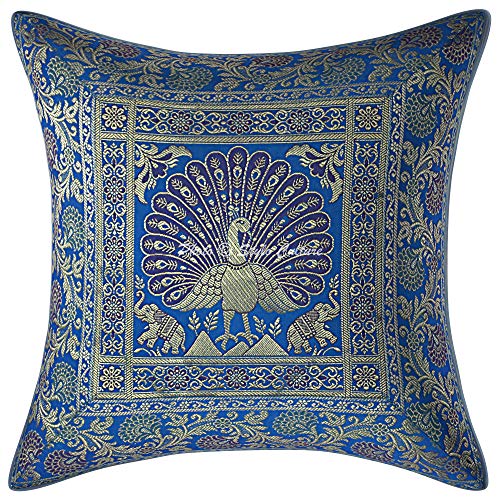 Image of Decorative Brocade Cushion Covers 16 Inch x 16 Inch Banarasi Jacquard Turquoise & Gold Home Decor Peacock Traditional Square 40x40 cm Zippered Sofa Settee Pillowcases -Set of 5 Pcs