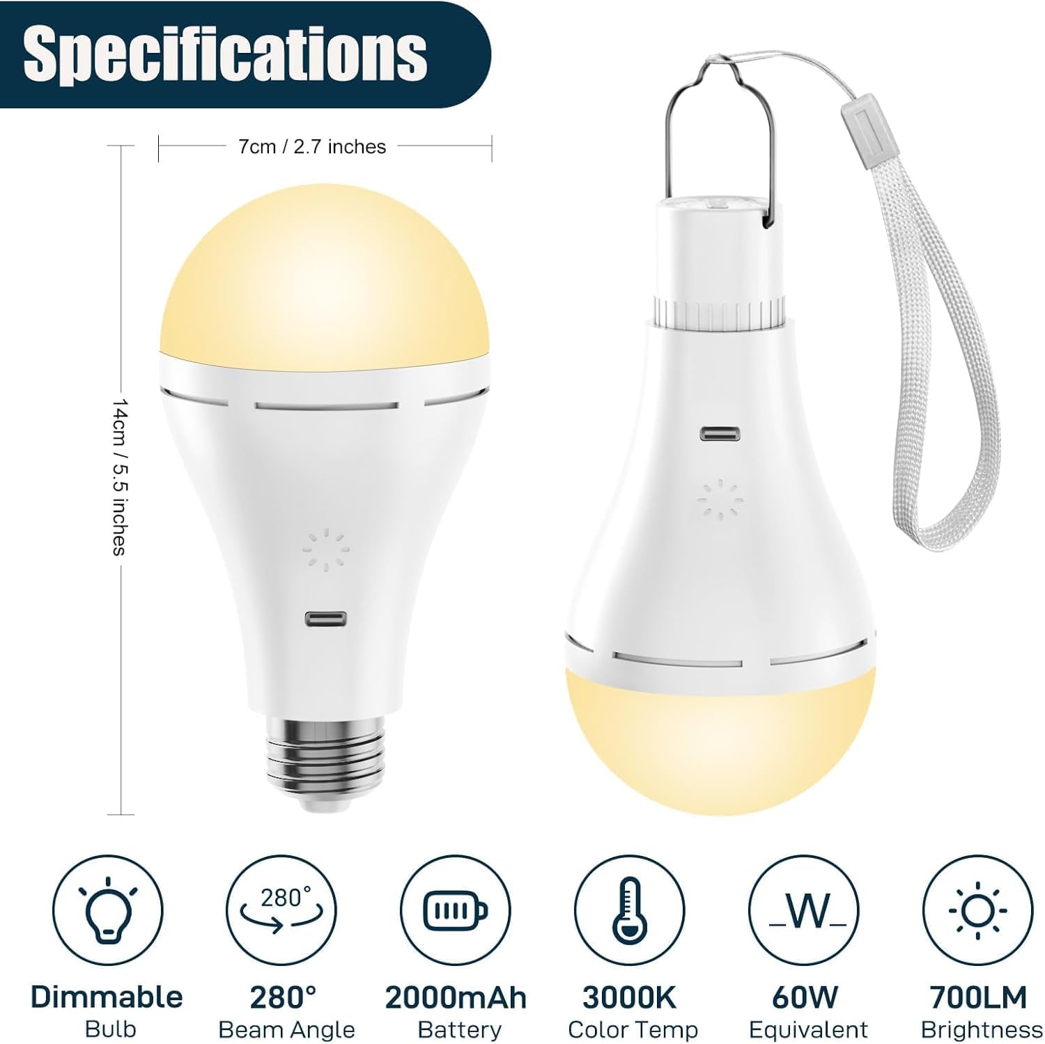 Brightown USB Rechargeable Light Bulb with Remote and Timer, Battery Emergency Light Bulbs for Home Power Outage, Hanging LED Light Bulb with Hook for Outdoor Camping Tent, 700LM, 6000K, 2 Pack