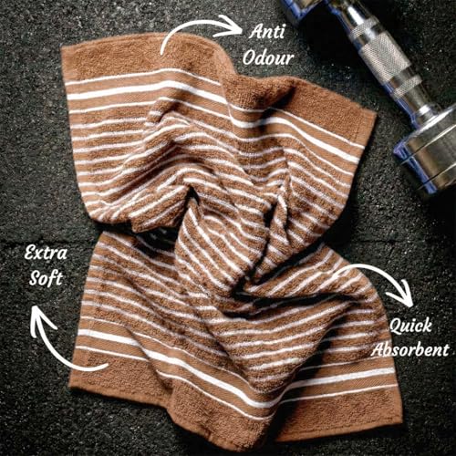 Image of Athom Living Premium Hand Towels- Cotton, 400 GSM, Ultra Soft, Quick Dry, Highly Absorbent | for Hand, Kitchen and Gym | 60 * 40 cm, Pack of 4 (Beige and White with Brown Stripes)
