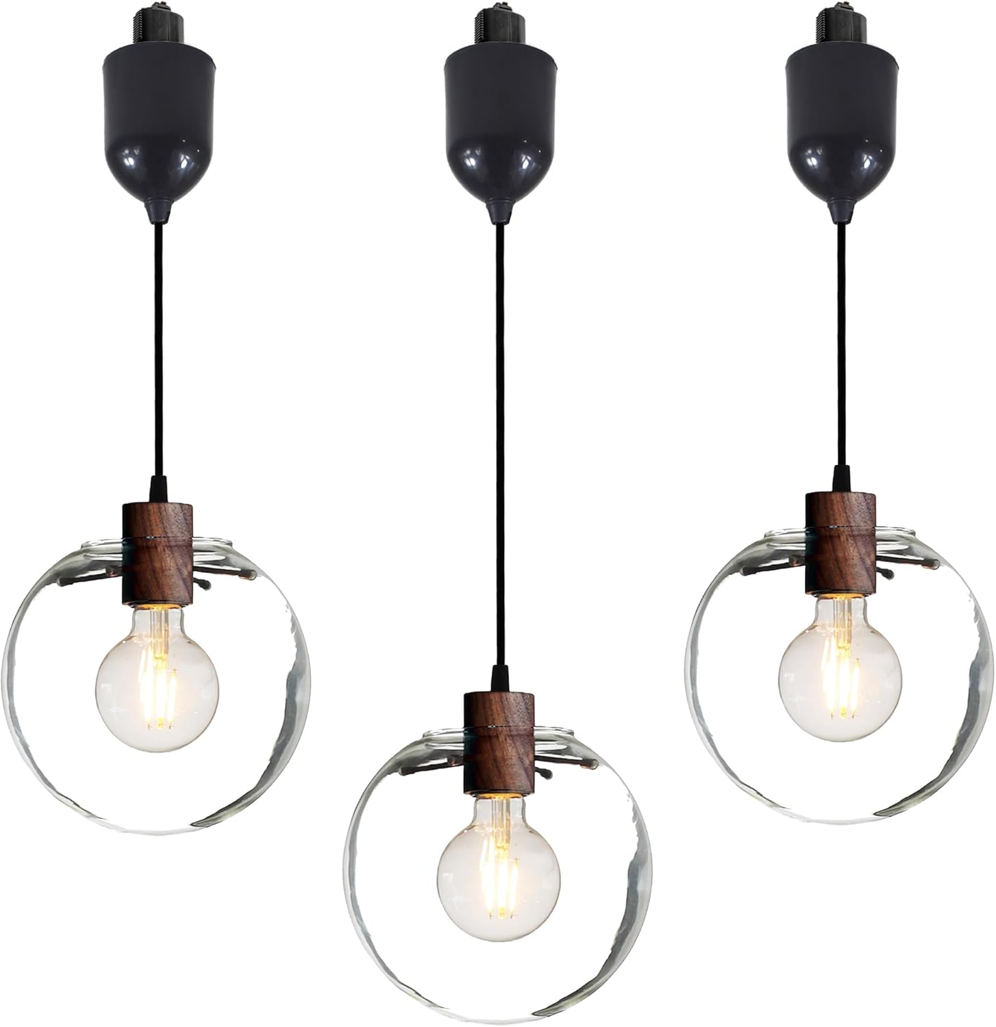 AUTO Adjustable Height H-Type Track Lighting Pendants with Modern Clear Glass Globe Shape Hand-Made Shade,3-Lights 4ft Cord Wood Finished E26 Socket Restaurant for Rent Room Customizable