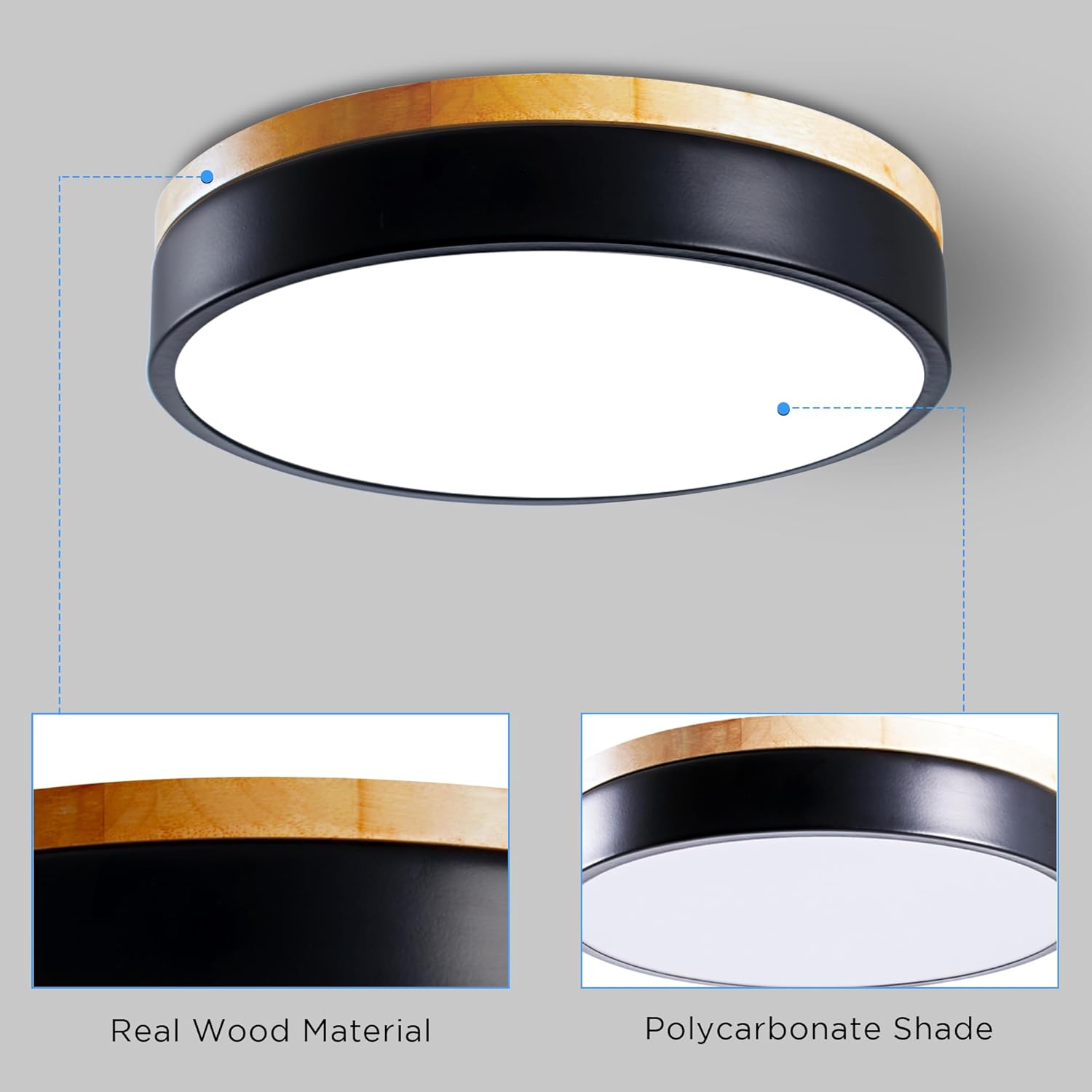 Dimmable LED Wood Flush Mount Ceiling Light Fixture 3000-6000K Tunnable 12 Inch,24W Modern Close to Ceiling Light Fixtures,Bedroom Lights for Kitchen,Hallway(Black, Type B 5CCT)