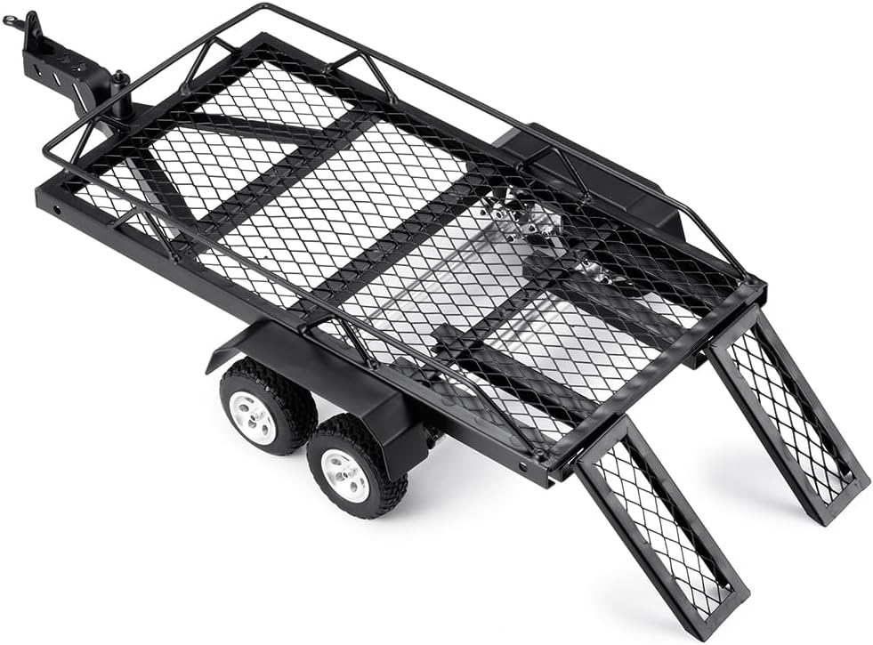 1/24th RC Car Flat Bed Vehicle Trailer with Metal Hitch Mount for AXIAL SCX24 RC Crawler Car Upgrade Parts (A Style)